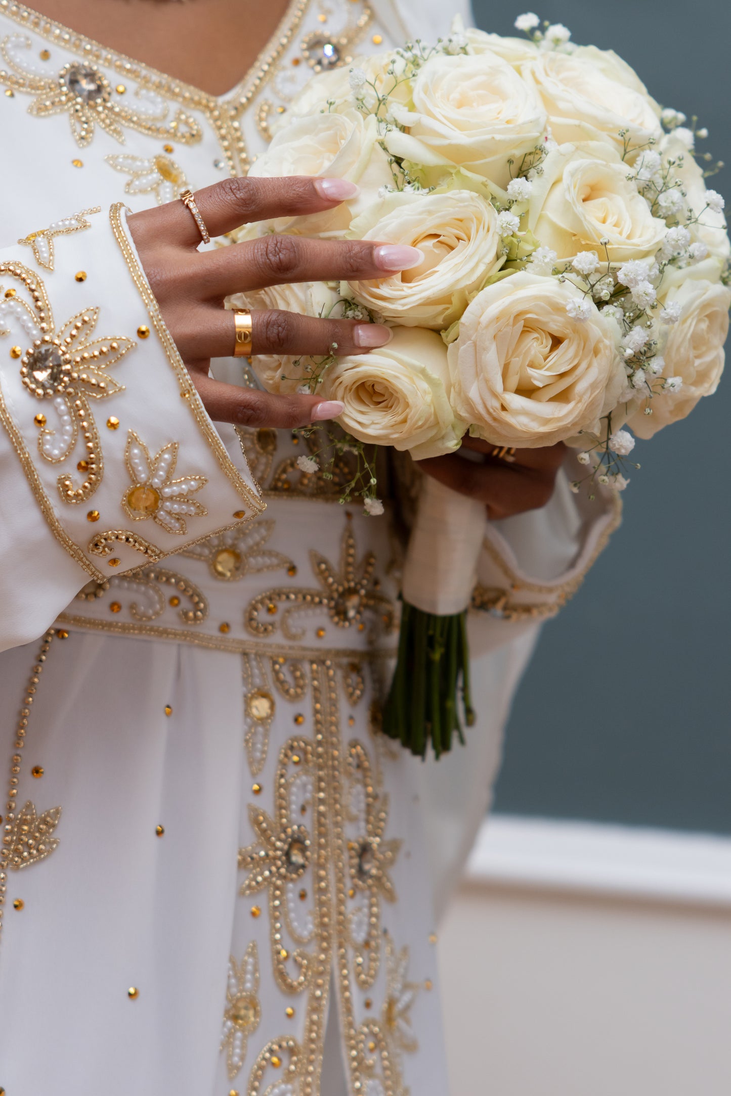 NIKKAH ABAAYA FATIMA, WHITE & GOLD