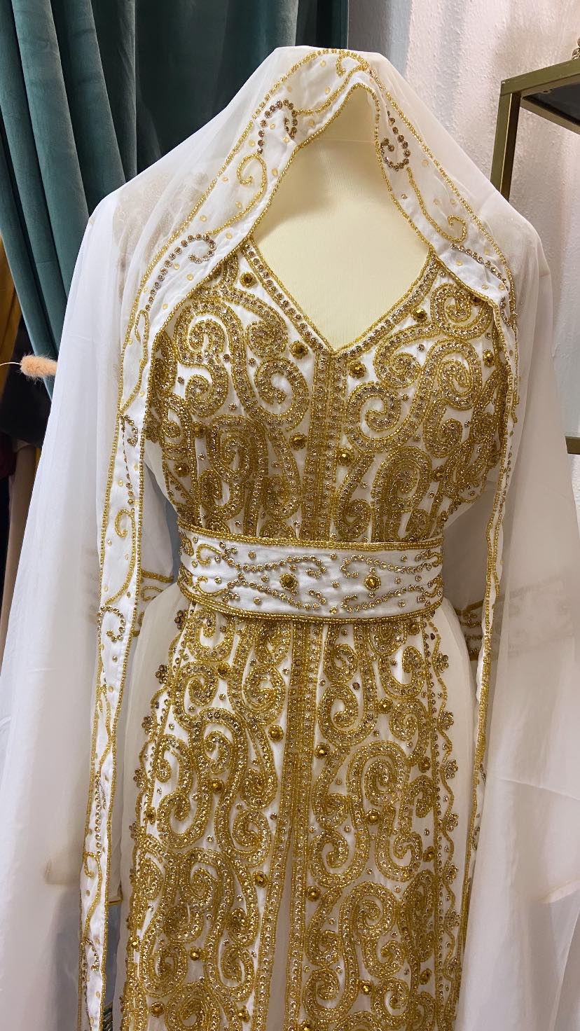NIKKAH ABAAYA AYA, WHITE & GOLD