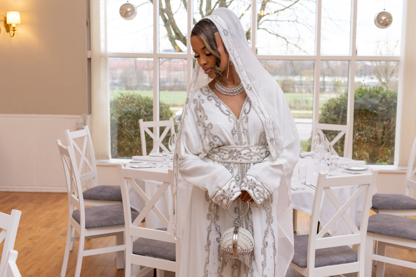 NIKKAH ABAAYA NURA, WHITE & SILVER