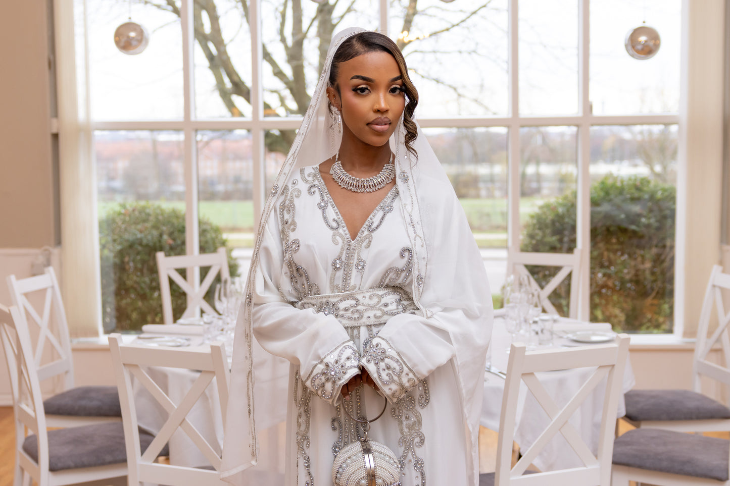 NIKKAH ABAAYA NURA, WHITE & SILVER