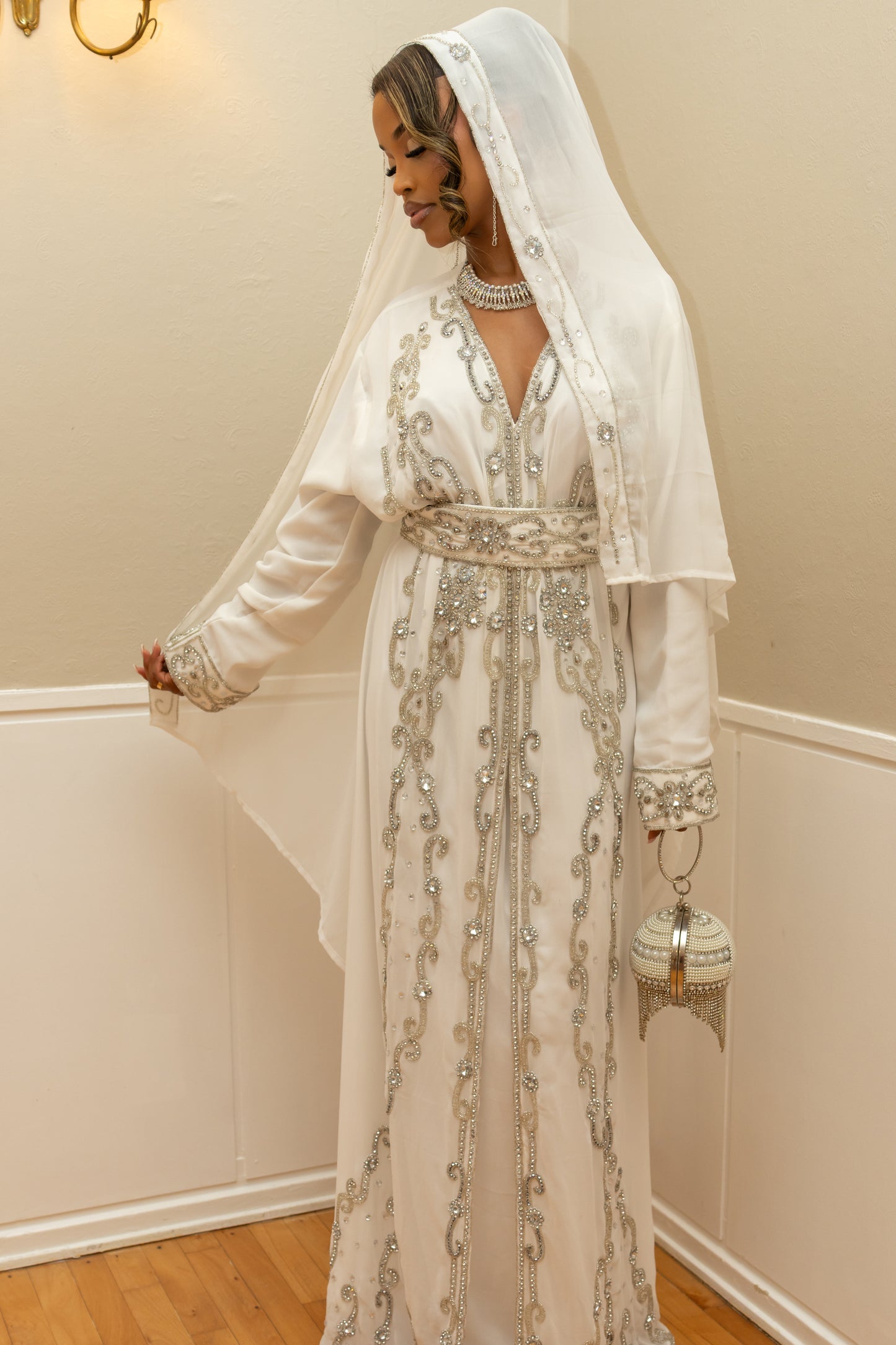 NIKKAH ABAAYA NURA, WHITE & SILVER