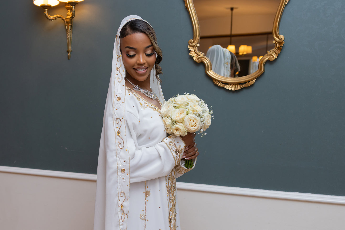 NIKKAH ABAAYA FATIMA, WHITE & GOLD