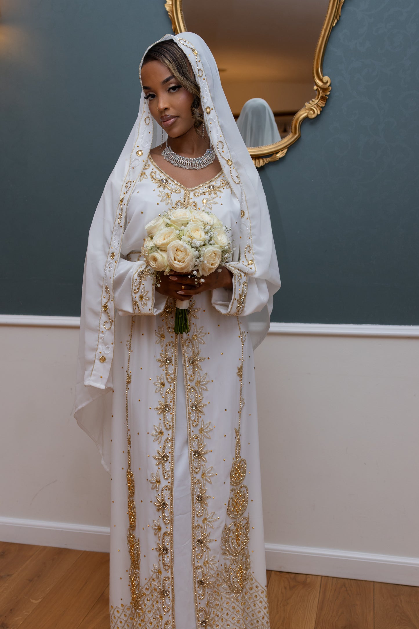 NIKKAH ABAAYA FATIMA, WHITE & GOLD