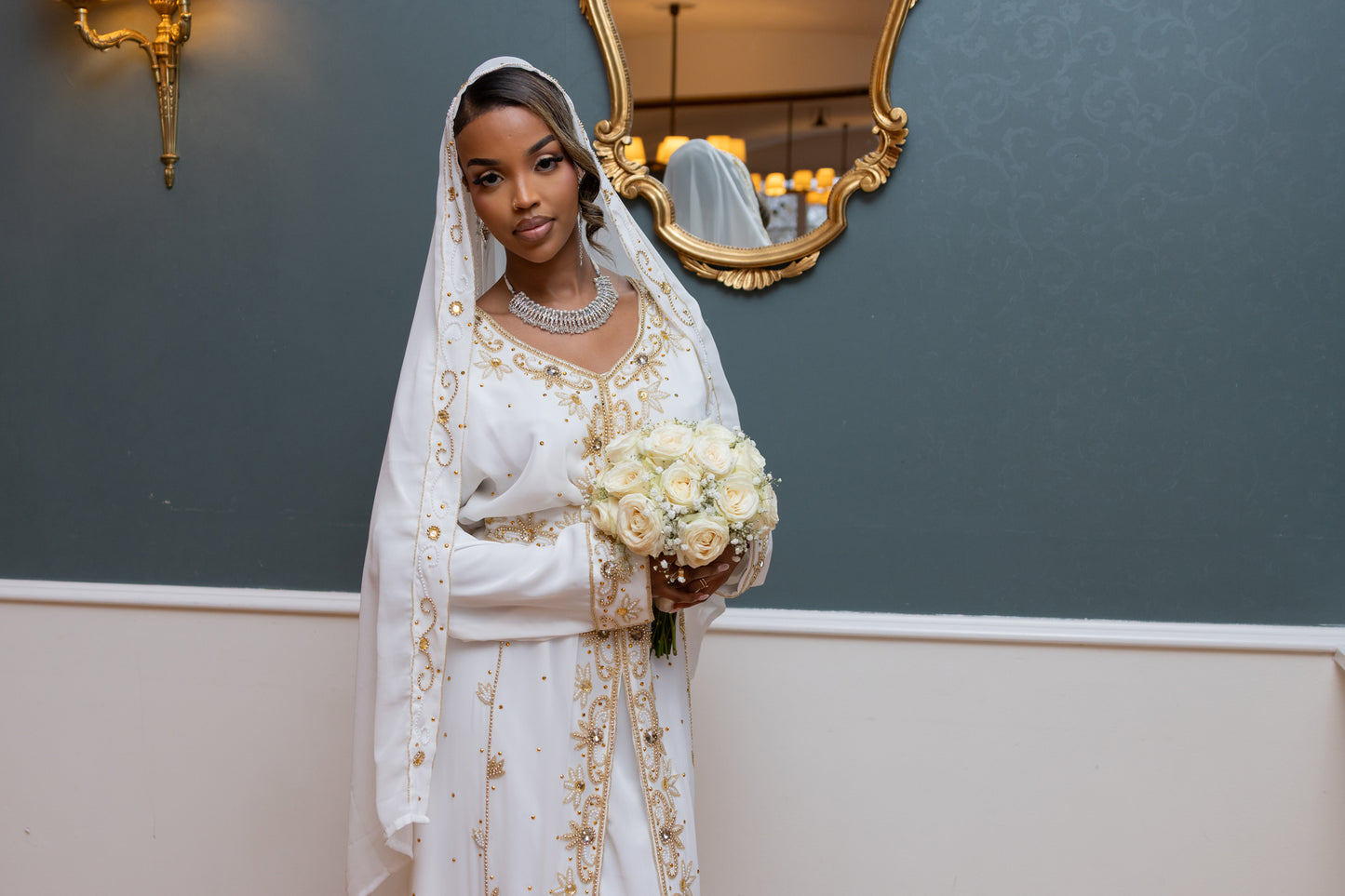 NIKKAH ABAAYA FATIMA, WHITE & GOLD