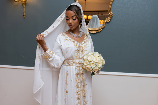 NIKKAH ABAAYA FATIMA, WHITE & GOLD