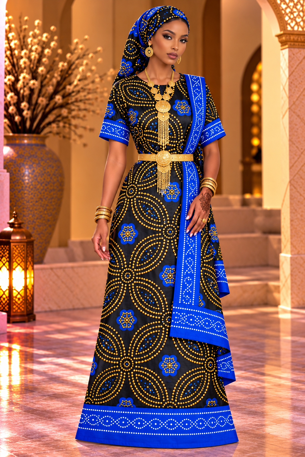 Bridal Shash with stone work, blue & gold
