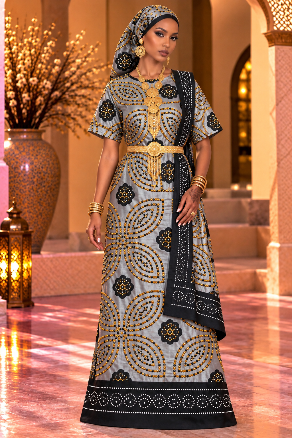 Bridal Shash with stone work, grey & gold