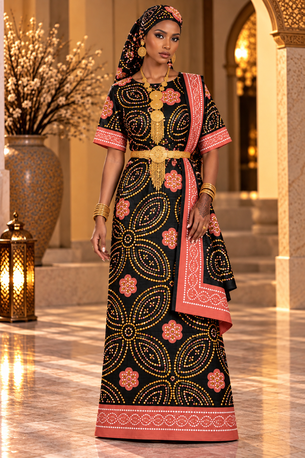 Bridal Shash with stone work, peach & black