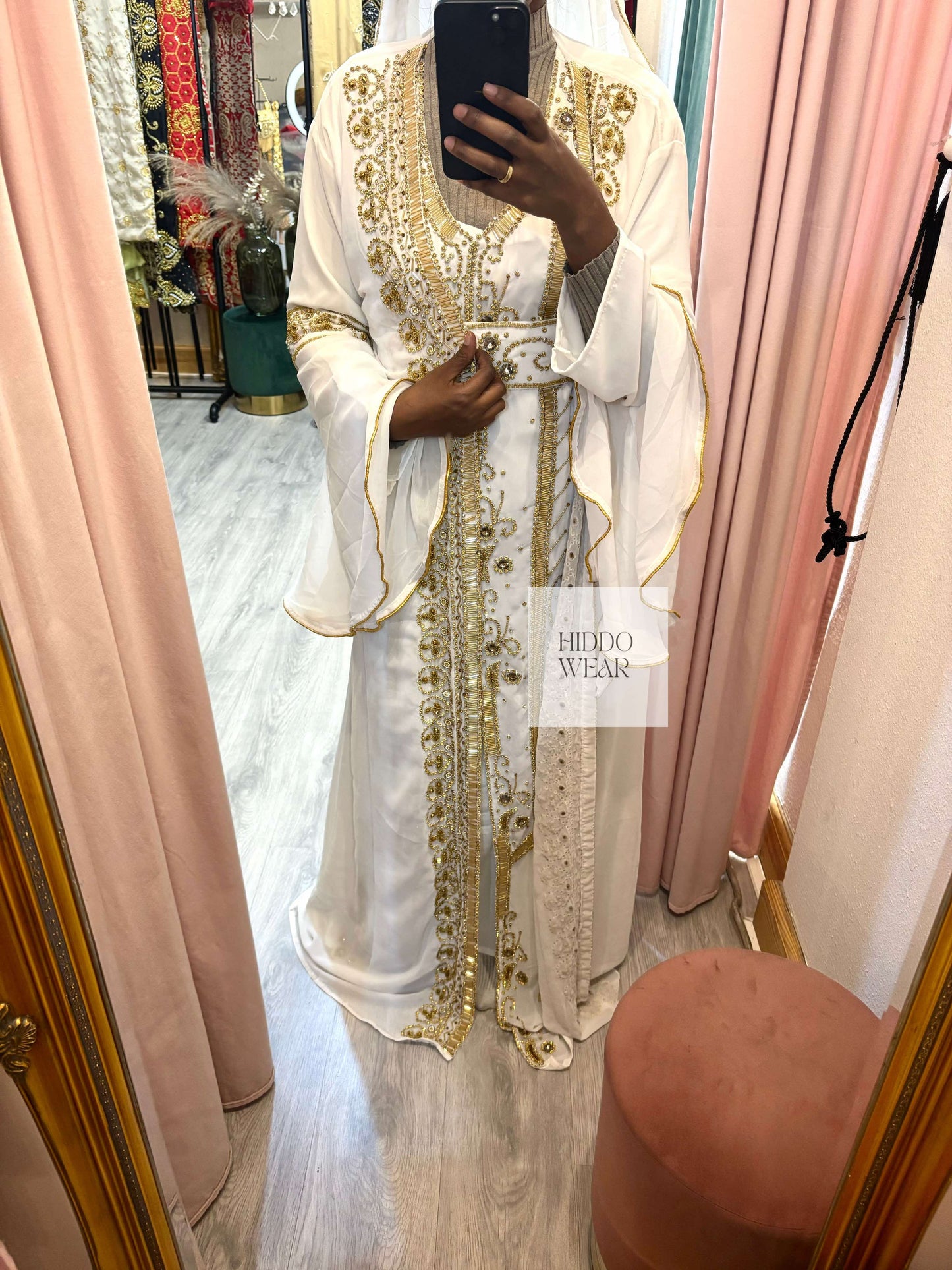 NIKKAH ABAAYA HUDA, WHITE & GOLD